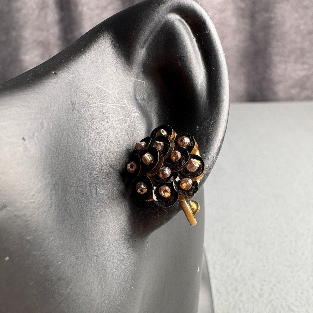 Vintage Black Sequin Cluster Screw Back Earrings Floral Bead Accent Retro